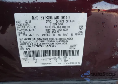 2022 Ford Explorer Xlt z USA, uszkodzony, nr VIN 1FMSK7DH2NGA79595